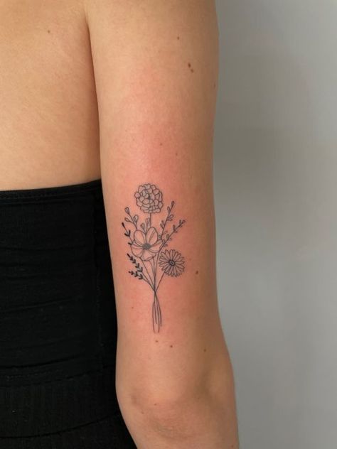 Womens Tattoos Flowers, Cosmo And Daffodil Tattoo, Upper Shoulder Flower Tattoo, Womens Sticker Sleeve Tattoo, Daffodil Daisy Tattoo, Small Butterfly Flower Tattoo, Poppy And Narcissus Flower Tattoo, Birth Flower Tattoo Placement For Women, 3 Birth Flowers Tattoo