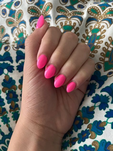 Hot pink short almond nails , pretty, bright Oval Nails Bright Colors, All Hot Pink Nails, Short Almond Hot Pink Nails, Hot Pink Dipped Nails, Summer Pink Nails Short, Hot Pink Oval Acrylic Nails, Summer Nail Colors 2024 Dip, Bright Pink Nails Short, Hot Pink Oval Nails