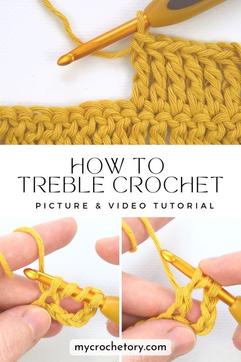 How to treble crochet: Learn treble crochet step by step! How To Treble Crochet, How To Double Crochet, Crochet Step By Step, Treble Crochet, Double Crochet Decrease, Extra Yarn, Crochet Decrease, Treble Crochet Stitch, Crochet Stitches For Beginners