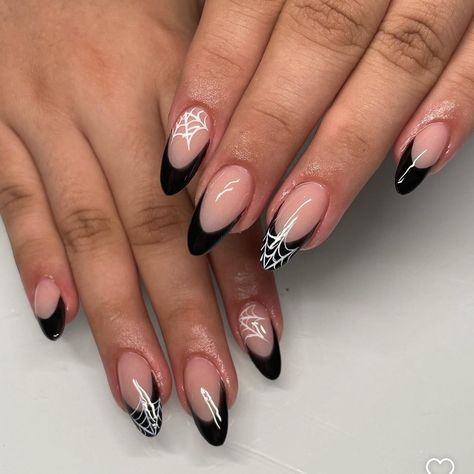 halloween nail inspo 🎃🥰 Any Halloween set is 15% off !! sale ends Oct 31 #nailtech #nailsnailsnails #nailxster #nailsofinstagram #halloween #halloweennails #spookyset #halloweendecor #inspo #nailinspiration #simple #gwinnett Black French Tip Nails Halloween, Black French Tip Halloween Nails, French Tip Halloween Nails, French Tip Halloween, Halloween French Tips, Black French Nails, Black French Tip, Black French Tips, Black French