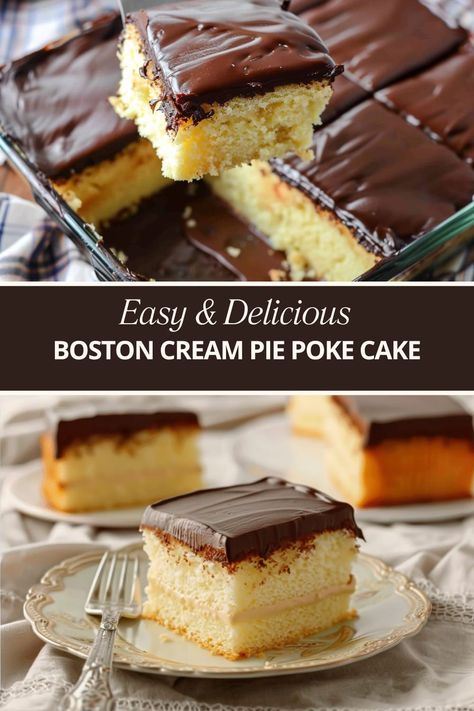 Boston cream pie poke cake Boston Cream Pie Sheet Cake, Boston Poke Cake, Black Forest Poke Cake, Poke Cake Boston Cream, Boston Crème Pie Cake, Boston Cream Pie Poke Cake 12 Tomatoes, Boston Cream Poke Cake Recipe, Boston Cream Pie Poke Cake, Lemon Lush Recipe