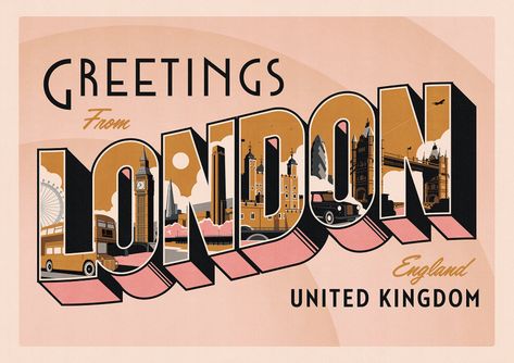 Greetings from ... Retro Postcard Style Prints on Behance Artist Postcards Design, Greeting From Postcard, Retro Postcards Illustrations, Postcard Poster Design, Greetings From Postcard Design, Vintage Post Card Design, Aesthetic Post Cards, Retro Postcard Design, Retro Greeting Card