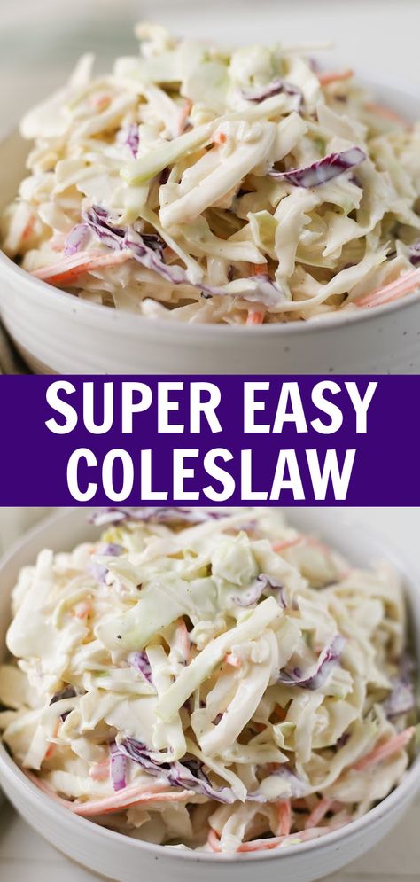 Easy Coleslaw - crunchy cabbage in a creamy, sweet & tangy dressing goes perfectly with all your favorite barbecue foods. This is the best summer side dish and it is so easy! Yummy Coleslaw Recipe, Easy Coleslaw Recipe, Burger Side Dishes, Bbq Side Dishes Recipes, Easy Coleslaw, Coleslaw Recipe Easy, Summer Side Dish, Creamy Coleslaw, Slaw Recipes