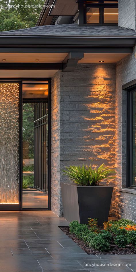 The eye-catching glass entrance door integrates tinted glass for privacy, offering a sleek, polished appearance for modern homes. Beautiful Estates, Glass Door Designs, Glass Entrance, Front Door Designs, Glass Entrance Doors, Front Door Lighting, Glass Door Design, Spain House, House Main Door