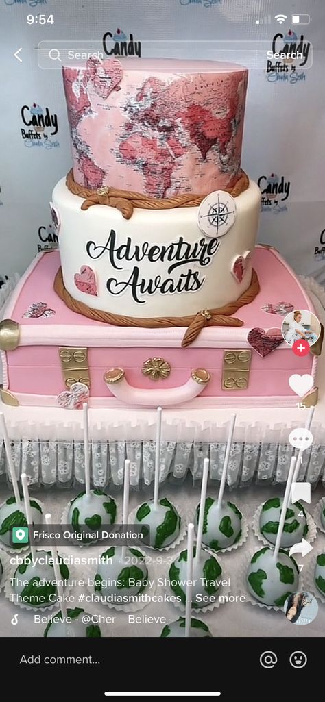 Journey Birthday Theme, Our Greatest Adventure Baby Shower Theme Girl, Travel Themed Cake Ideas, Adventure Awaits Baby Shower Ideas Girl, Travel Theme Baby Shower Ideas Girl, Passport Baby Shower Theme, Travel Baby Shower Cake, Travel Theme Bridal Shower Ideas, Travel Theme Baby Shower Ideas