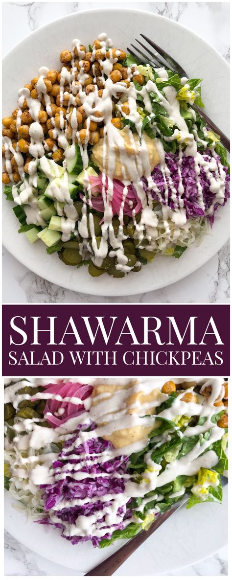 Shawarma Salad with Chickpeas - Live Simply Healthy Orange Pecan Cookies, Shawarma Salad, Creamy Garlic Dressing, Classic Italian Pasta, Salad With Chickpeas, Pickled Turnips, Creamy Garlic Sauce, Pickled Garlic, Italian Pasta Dishes