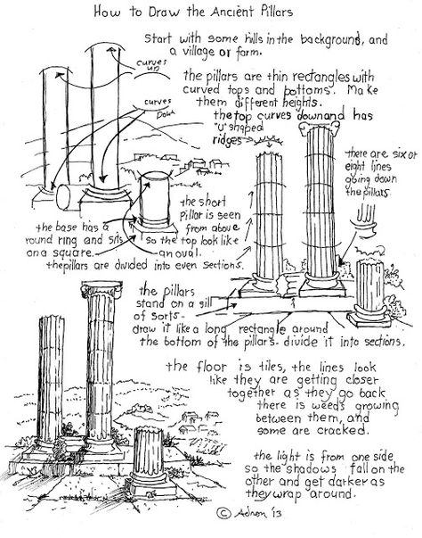 How to Draw The Ancient Roman Pillars Worksheet How To Draw Pillars, Pillar Drawings, Pillar Drawing, Ancient Pillars, Roman Drawings, Roman Pillars, Architecture Drawing Art, Basic Drawing, Perspective Drawing