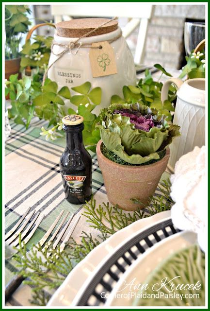 Cabbage, Clover and Cream St. Patrick's Day Table - Corner of Plaid and Paisley Clover Centerpieces, St Patrick’s Centerpiece, St Patrick’s Table Setting, Saint Patrick’s Day Centerpiece, Irish Traditions St. Patrick's Day, Blessings Jar, Wild Irish Rose, Green Beer, St Patrick's Day Decorations