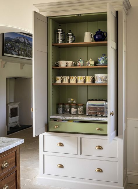 Bespoke green hand painted breakfast cabinet Elegant Coffee Bar Ideas, Elegant Coffee Bar, Breakfast Cabinet, Tall Kitchen Cabinet, Georgian Kitchen, Country House Kitchen, Tall Kitchen Cabinets, Armac Martin, Cabinet Inspiration