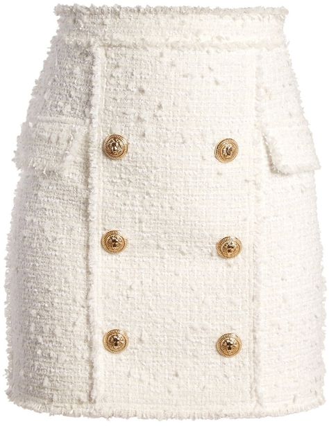 Balmain Button-embellished tweed mini skirt Kylie Jenner Balmain, Balmain Leather Jacket, White Ruffle Mini Skirt, Skirt Frill, Gaun Koktail, Frilled Skirt, Tweed Fashion, Tweed Outfit, Frilly Skirt