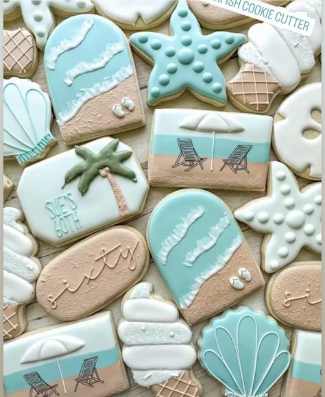 Nautical Birthday Cookies, Beach Birthday Cookies Decorated, Ocean Theme Cookies Decorated, Beach Theme Birthday Cookies, Beach Retirement Cookies, Beach Themed Cookies Decorated, Beach Theme Sugar Cookies, Beach Cookies Royal Icing, Beach Sugar Cookies Decorated