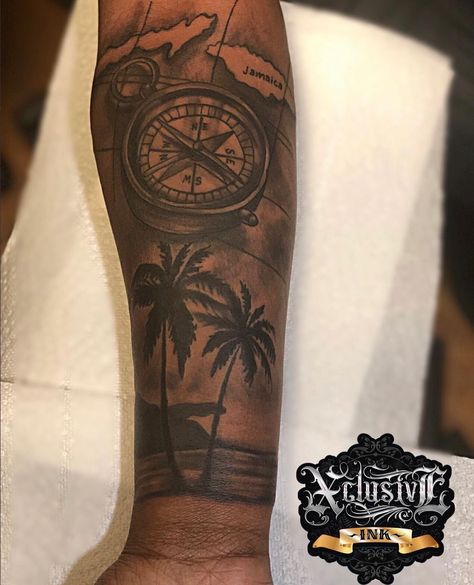 Barbados Tattoo Ideas, Jamaican Tattoo Ideas For Men, Dominica Tattoo, Arm Sleeve Tattoos Men, Male Sleeve Tattoos, Dominican Tattoo Ideas, Jamaica Tattoo Ideas, Palm Tree Tattoo Men, Caribbean Tattoo Ideas