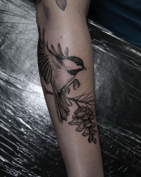 Flying Chickadee Tattoo, Stellers Jay Tattoo, Garden Bird Tattoo, Gold Finch Tattoo, Animal Arm Tattoo, Meadowlark Tattoo, Bird Tattoo Arm, Woodland Tattoo Sleeve, Fauna Tattoo