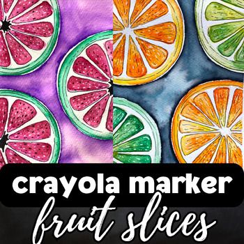 Get your students ready for SPRING with these colorful fruit slices art project tutorial! This mixed media project is great for all art students from beginners to advanced. Designed best for upper middle school, high school and homeschool grades. HOW IT WORKS:Students will draw out a series of sliced fruits using simple lines and shapes. Then they will add patches of crayola marker inside the fruit segments and use a wet paint brush to bleed the inks together. Add extra details with a white gel Art With Unique Materials, Marker And Water Art, Fruit Art Easy, Color Art Projects Middle School, Fruit Art Projects For Kids, Color Art Lessons Elementary, Fruit Art For Kids, Middle School Art Projects Easy, Fruit Art Projects