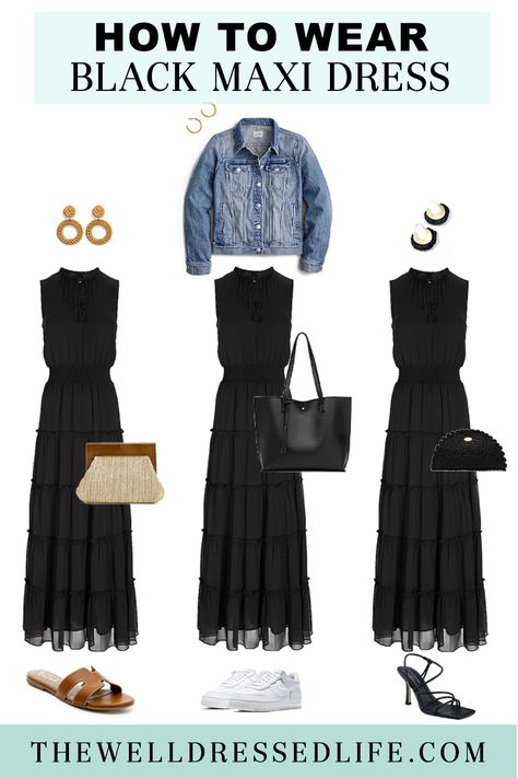 Black Maxi Dress Outfit Ideas, Maxi Dress Outfit Ideas, Outfit Ideas Summer Casual, Black Maxi Dress Outfit, Maxi Dress With Jacket, Maxi Dress Outfit Summer, Little Black Dress Outfit, Outfit Ideas Summer, Maxi Dress Outfit