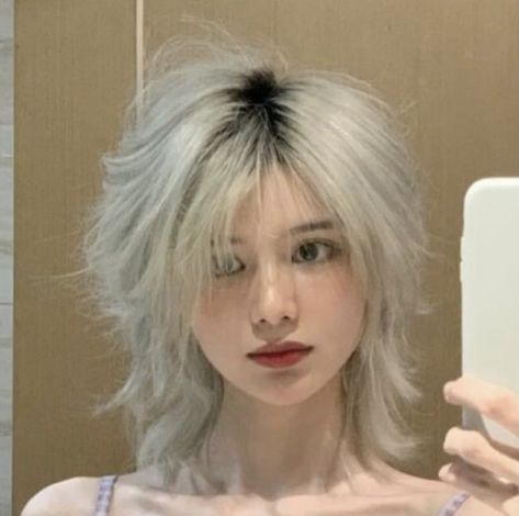 White Hair Haircut, White Hair Nonbinary, White Wolfcut Hair, White Jellyfish Haircut, Black And White Hairstyles Short, White Hair With Black Roots, White Hair Wolf Cut, Fluffy Jellyfish Haircut, Short White Hair Aesthetic