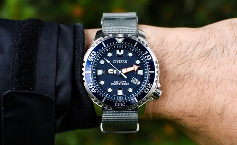 Citizen Eco-Drive Promaster Diver Review | Two Broke Watch Snobs Citizen Divers Watches, Citizen Promaster Eco Drive, Citizen Eco Drive, Camera Watch, Divers Watch, Citizen Eco, Nato Strap, Sailing Outfit, Eco Drive