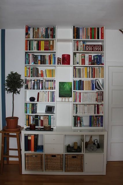 IKEA Hack- love this website! Combine IKEA items to make cool built- ins or furniture pieces. White Shelving Unit, Ikea Expedit, Bookcase With Glass Doors, Boho Space, Ikea Billy, Ikea Besta, Billy Bookcase, Ikea Hackers, Kallax Ikea