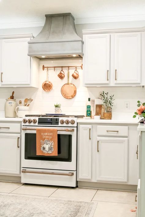 Island Appliances, Kitchen With Copper Accents, Small French Country Kitchen, Copper Kitchen Accents, Provincial Kitchen, French Country Aesthetic, Ge Cafe Appliances, Copper Wall Decor, Florida Kitchen