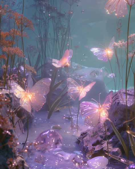 An ethereal underwater view with glowing purple butterflies, underwater magic world, aesthetic, dreamy vibes, butterfly esthetic Sparkles Aesthetic, Underwater Aesthetic, Butterflies Pink, Printable Background, Glowing Flowers, Glow Art, Ethereal Aesthetic, Magic Aesthetic, Flowers Aesthetic