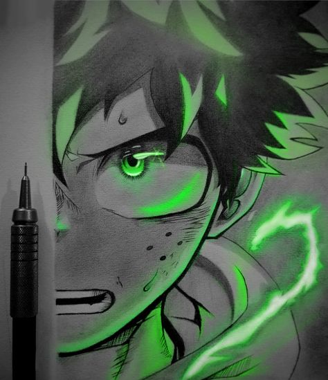 Drawings With Emotion, Izuku Midoriya Tattoo Ideas, Mha Drawing Ideas, My Hero Academia Drawing Sketch, Deku Painting, Deku Lightning, Midoriya Izuku Drawing, Deku Drawing Sketch, Izuku Midoriya Sketch