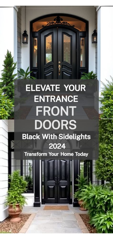 Black Doors Exterior Front Entry Small Exterior Entryway Ideas, Black Doors Exterior Front Entry, Exterior Doors With Glass Panels, Front Entry Ideas, Exterior Entryway Ideas, Doors With Sidelights, Warehouse Windows, Black Front Door, Front Door Lighting