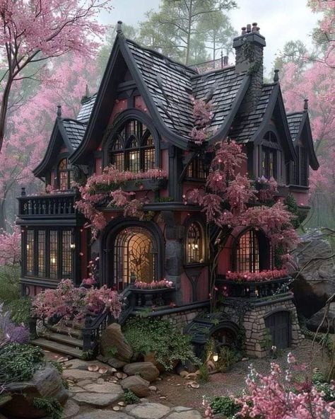 Pink And Black Victorian House, Goth House Exterior, Witchy House Exterior, Sorceress Queen, Gothic House Plans, Edwardian Cottage, Fantasy Dwellings, Victorian Gothic House, Gothic Homes