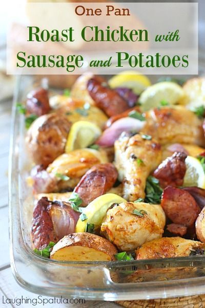 Fast and Fresh and all in One Pan!  Simply toss all the ingredients in with a simply marinade sauce and dinner done! Sausage And Potatoes, Potatoes Easy, Potato Dinner, Meat And Vegetables, Easy Baked Chicken, Chicken Potatoes, Recipe 30, Chicken Sausage, Sausage Recipes