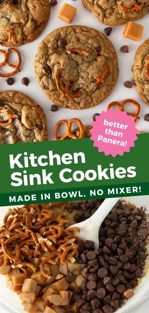 Chewy Kitchen Sink Cookies (Panera Copycat) Kitchen Sink Cookies Panera, Kitchen Sink Cookies Recipe, Kraft Caramel Bits, Panera Copycat, Refrigerator Cookies, Sink Cookies, Village Bakery, Kitchen Sink Cookies, Salty Cookies