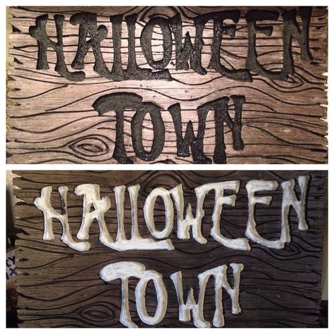 My Halloween Town sign for my nightmare before Christmas Halloween yard display. made from pink insulation foam. Cut wood grain in with a soldering iron. Cut letters with a Dremel and painted with acrylic paint wash. Nightmare Before Christmas Sign, Holloween Town, Halloween Town Sign Nightmare Before Christmas, Nightmare Before Christmas Wood Signs, Halloweentown Nightmare Before Christmas, Halloween Town Sign, Nightmare Before Christmas Wood Cutouts, Halloween Town Svg Free, Halloween Decorations Inside