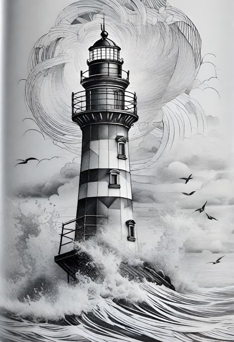 Lighthouse Tattoo Sketch, Ship Sketch Tattoo, Lighthouse Pencil Drawing, Lighthouse With Waves Tattoo, Neo Traditional Lighthouse, Lighthouse Tattoo Drawing, Light House Tattoo Design, Lighthouse Tattoo Stencil, Light House Drawing