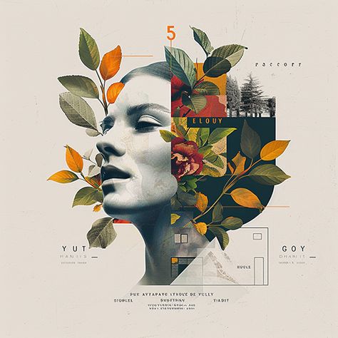 A surreal and artistic depiction of a female portrait merged with leaves, flowers, and geometric shapes, creating a quirky and imaginative composition.

#ArtsyAF #SurrealVibes #QuirkyArt #CollageMagic #OrangeSlicePortrait #FlowerPower #ProfilePicGoals #ArtisticVision #PinterestInspo #CreativeCollage Portrait Design Ideas, Collage Design Layout Creative, Sdsu Aesthetic, Surreal Self Portrait, Graphic Design Composition, Surrealism Aesthetic, Imaginative Composition, Graphic Design Portrait, Skyline Mural