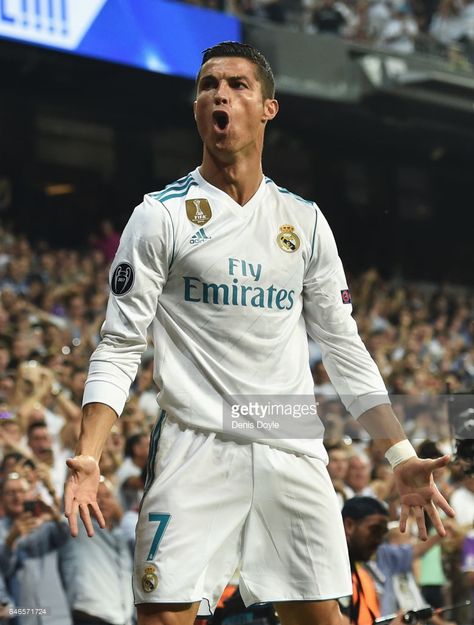 Cristiano Ronaldo of Real Madrid celebrates scoring his sides first goal during the UEFA Champions League group H match between Real Madrid and APOEL Nikosia at Estadio Santiago Bernabeu on September 13, 2017 in Madrid, Spain. Ronaldo Madrid, Adrien Rabiot, Hot Rugby Players, Ronaldo Photos, Ronaldo Pictures, Cristiano Ronaldo Manchester, Ronaldo Real Madrid, Chef Jackets, Ronaldo Cristiano