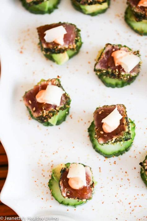 Tuna Wonton, Spicy Ahi Tuna, Avocado Appetizers, Tuna Appetizer, Tuna Cucumber, Avocado Appetizer, Refrigerator Pickle Recipes, Cucumber Appetizers, Beef Satay