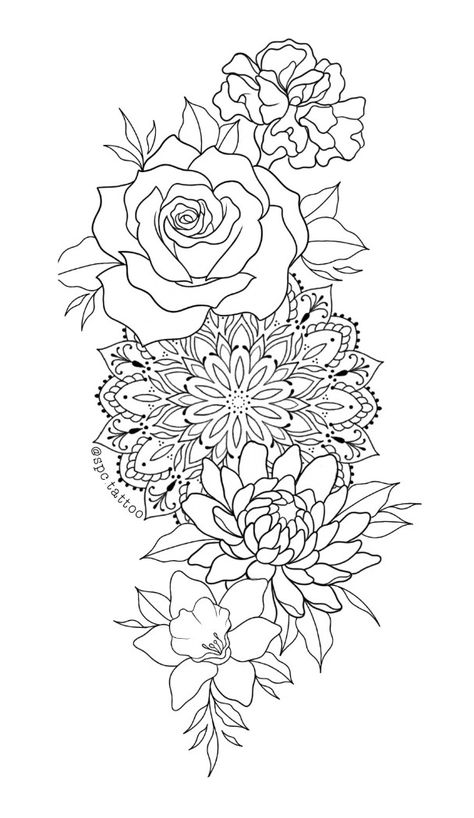 Peony With Mandala Tattoo, Mandala Flowers Design, Tattoo Designs Floral, Tattoo Bein Frau, Womens Half Sleeve, Mandala Hip Tattoo, Simple Mandala Tattoo, Mandala Thigh Tattoo, Thigh Piece Tattoos