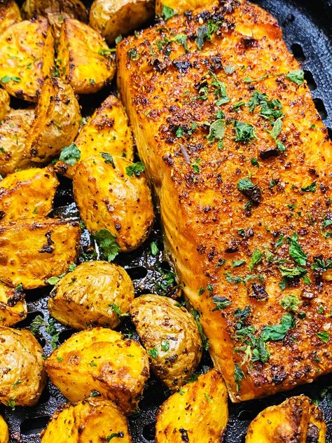 Air Fryer BBQ Salmon and Potatoes - Cooks Well With Others Salmon And Potatoes, Air Fryer Shrimp, Air Fry Potatoes, Shrimp Boil Recipe, Warm Potato Salads, Bbq Salmon, Air Fryer Salmon, Salmon And Sweet Potato, Boiled Food