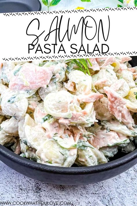 Salmon Pasta Salad in a bowl. Smoked Salmon Pasta Salad, Salmon Pasta Salad Recipes, Sour Cream Pasta, Salmon Pasta Salad, Tri Color Pasta Salad, Sweet Salmon, Artichoke Pasta Salad, Pasta Salad Salmon, Creamy Salmon Pasta