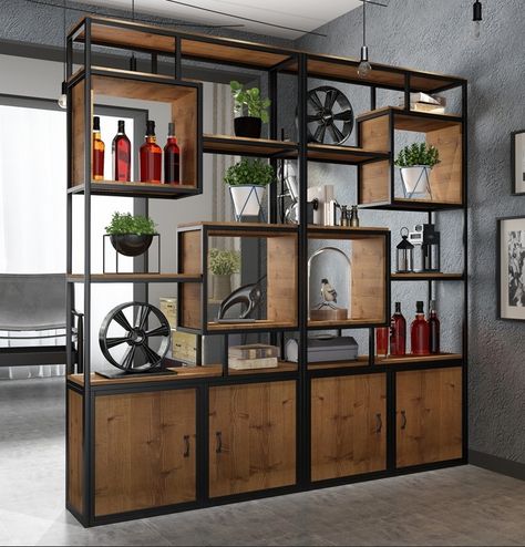 Office Partitions Wall, Iron Furniture Design, Shelf Office, Bookshelf Cabinet, Antique Industrial, Antique Shelves, Bookshelves In Living Room, Living Room Partition, Living Room Partition Design