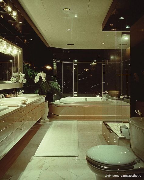 80s Mansion Interior, 90s Japan Penthouse, 80s Luxury Bathroom, 90s Apartment, Penthouse Bathroom, 80s Bathroom, Dream Penthouse, 80s Interior Design, 80s House