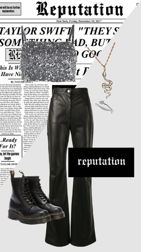 #myfirstshuffle #reputation #taylorswift #outfitinspo #erastouroutfits Newspaper Reputation Outfit, Eras Tour Outfits Leather Pants, Reputation Birthday Party, Reputation Era Outfits, Reputation Outfits Ideas, Katy Perry Tour, Reputation Outfits, Eras Fits, Taylor Swift Shoes