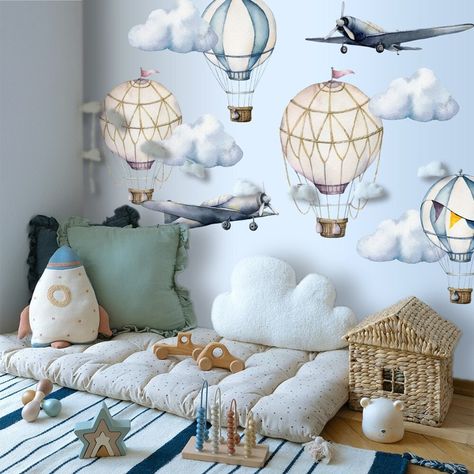 Hot Air Balloon Wall Stickers, Plane Wall Decal, Kids Children Nursery Room Home Decor Wall Sticker, Decoration, Hot Air Balloon Sticker - Etsy Australia Hot Air Balloons Art, Vintage Range, Boy Toddler Bedroom, Kids Cafe, Sticker Decoration, Room Wall Painting, Room Stickers, Nursery Wall Stickers, Boy Decor