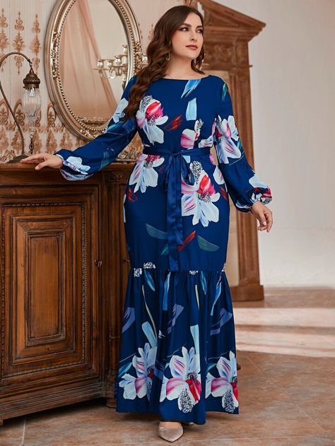 Plus Floral Print Lantern Sleeve Mermaid Hem Belted Dress | SHEIN USA Long Dress Fashion 2023, Long Gown Chiffon Style, Chiffon Plus Size Dress, Chiffon Dress Casual Classy Long, Shefong Dress Long, Floral Gowns Long Casual, Chiffon Long Gown Styles, Chiffon Dress Designs Style, Chiffon Gown With Sleeves