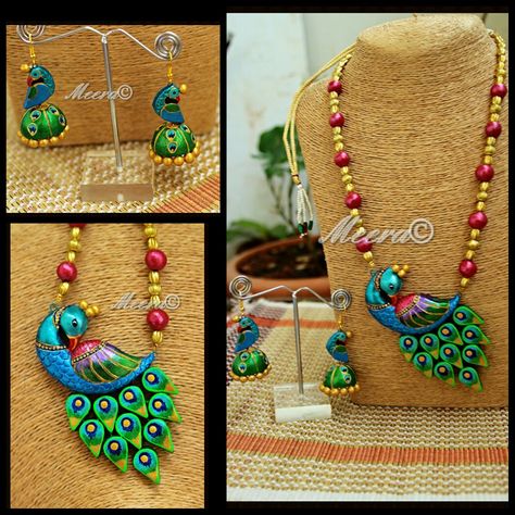 Terracotta peacock set Terracotta Jewellery Making, Terracotta Jewellery Designs, Polymer Clay Embroidery, Jewels Diy, Terracotta Earrings, Paper Quilling Jewelry, Polymer Clay Jewelry Tutorials, Handmade Clay Jewelry, Terracotta Jewellery