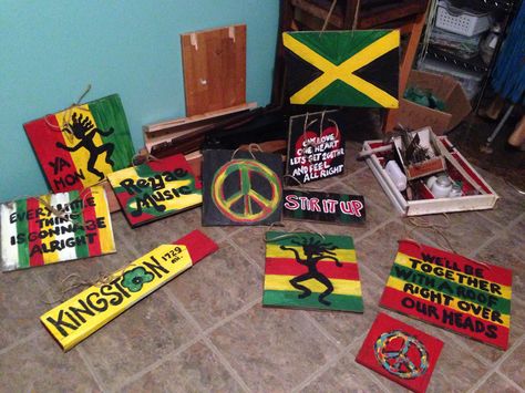 Hand painted signs for reggae party made from scrap wood. Nothing like this at… Rasta Wedding, Rasta Party, Jamaican Party, Jamaica Culture, Reggae Party, Rasta Art, Caribbean Party, Reggae Art, Jamaican Culture