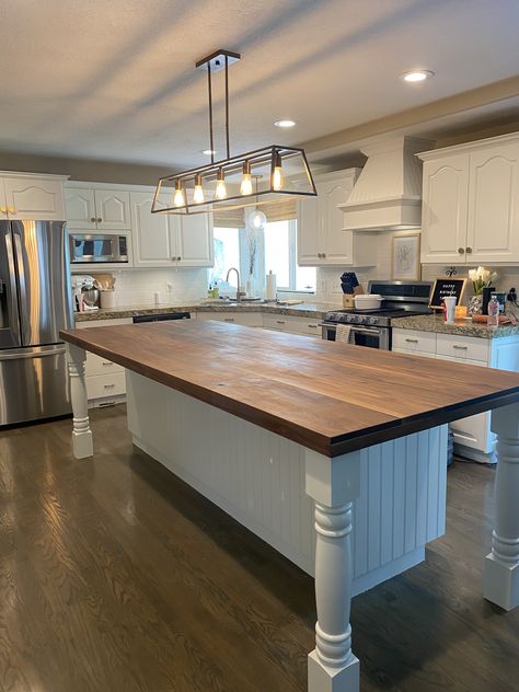 Island With No Overhang, Kitchen Island Ideas With Seating Open Concept French Country, Extend Island In Kitchen, Country Kitchen With Table In Middle, Island Dining Room Table, Farmhouse Island Table Combo, Kitchen Island That Doubles As A Table, Island With Eating Table, Huge Island With Seating