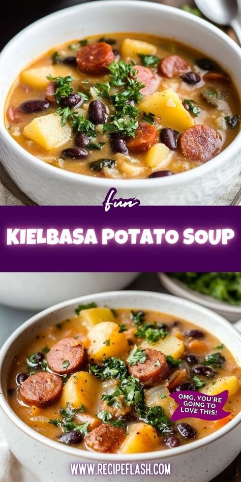 Craving a warm and hearty soup that warms the soul? This Kielbasa Potato Soup Recipe is the perfect comfort food for chilly evenings! Learn how to whip up this delicious dish and savor every spoonful. Save it for later so you can enjoy this tasty soup anytime! Kielbasa Potato Soup, Polish Soup, Kielbasa Soup, Sausage Potato Soup, Sausage Potato, Sausage Potatoes, Beef Sausage, Parsley Potatoes, Potato Soup Recipe