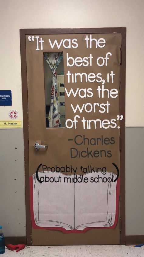 Middle school English classroom door. Charles Dickens theme. English Department Decoration Ideas, Quotes For English Classroom, English Teacher Door Ideas, Middle School Door Ideas, English Door Decoration, English Classroom Door Ideas, Ela Door Decorations Middle School, Literature Themed Classroom Decor, Classroom Door Middle School