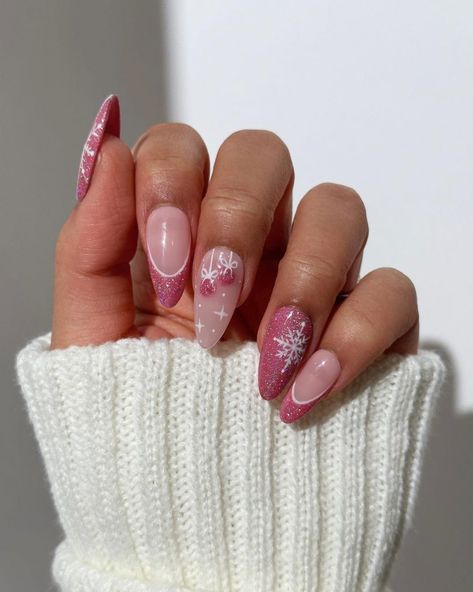 Pink Winter Nails 2024 – 2025: Trending Designs You’ll Love This Season 25 Ideas Christmas Gel X Nail Designs Almond, Cute Christmas Nails Acrylic Almond, Christmas Pink Nails Almond, Pink Holiday Nails Almond, Christmas Nail Ideas Acrylic Almond, Winter Christmas Nails Almond, Almond Nails Designs Winter Holidays, Pink Almond Christmas Nails, Dip Winter Nail Ideas