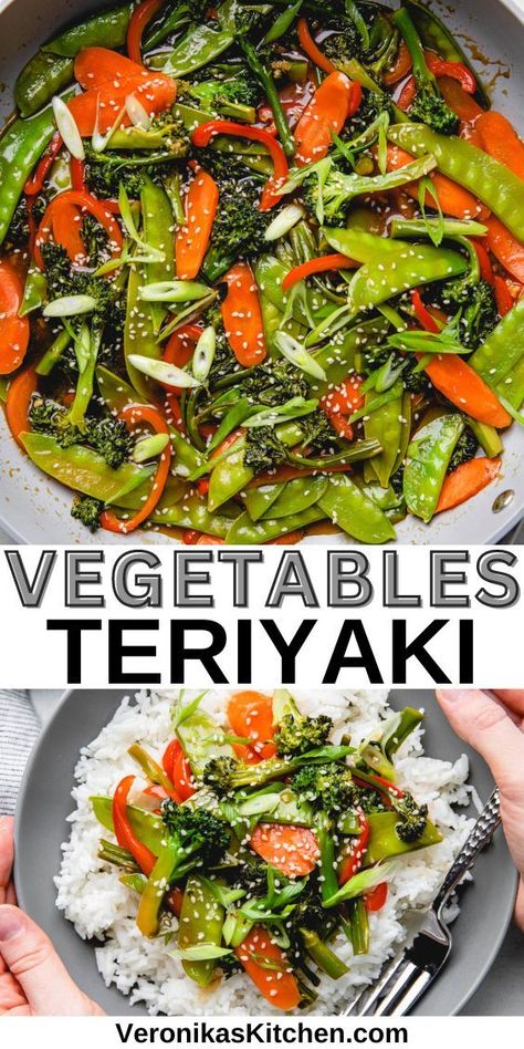 Broccoli, snow peas, carrots, and red pepper cooked in teriyaki sauce in a skillet. Teriyaki Vegetables, Stir Fry Vegetables, Teriyaki Stir Fry, Homemade Teriyaki Sauce, Cooking White Rice, Easy Weeknight Dinner, Fried Vegetables, Broccoli Beef, Vegetable Stir Fry