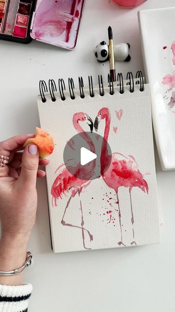 Paint A Flamingo Tutorial, Watercolor Flamingo Tutorial, How To Paint A Flamingo, Watercolor Valentine Cards Ideas, Valentine Watercolor Painting, Flamingo Acrylic Painting, Valentinesday Craft, Watercolour Flamingo, Valentines Painting